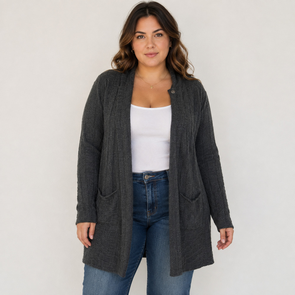 Leo & Nicole Cable Knit Angora Blend Long Cardigan Charcoal Women’s L